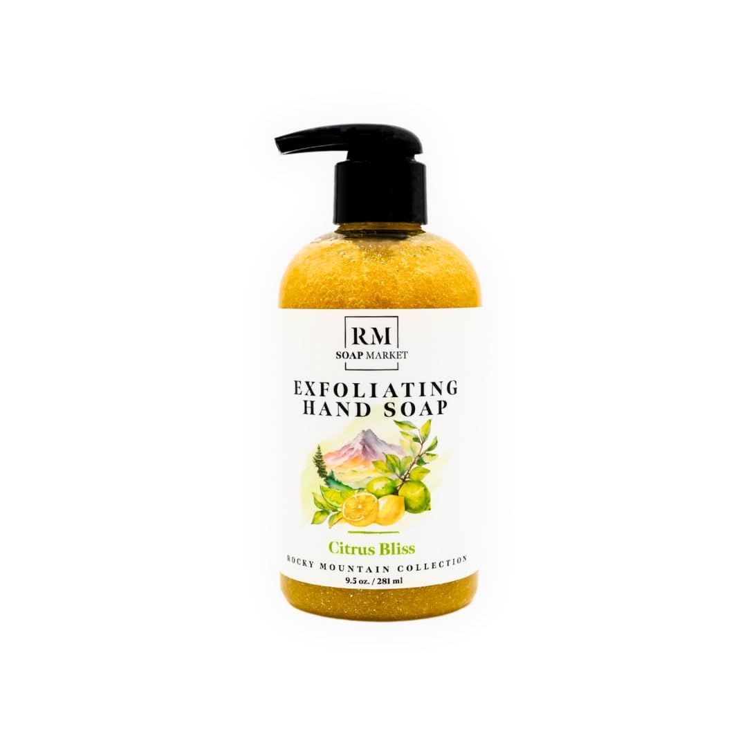 RM Soap Market Citrus Bliss Exfoliating Hand Soap, Liquid Hand Soap With Glycerin &amp; Volcanic Pumice Stone Powder, Gentle Exfoliation for Smooth Skin, Hand Soap Pump for Bathroom or Kitchen, 9.5 Oz