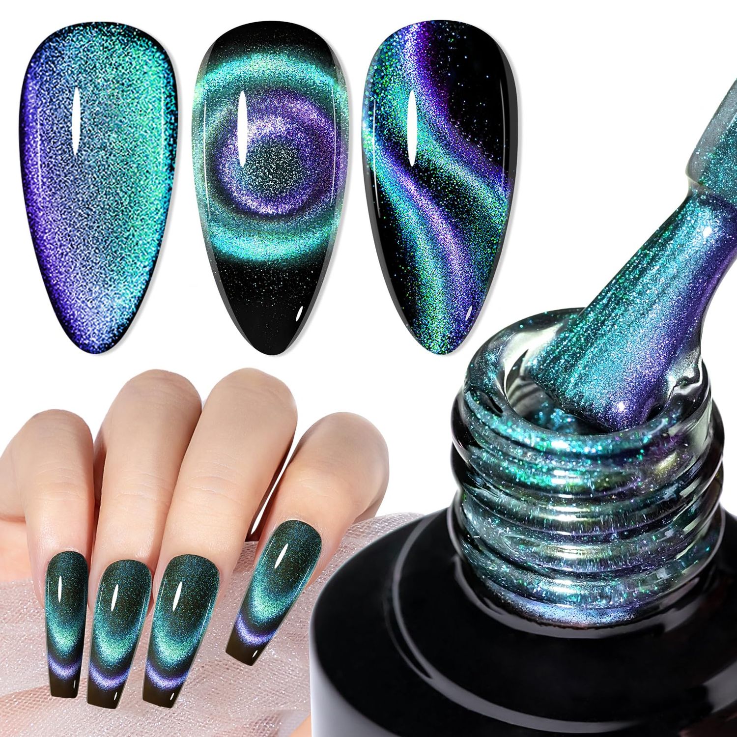 MIZHSE Chameleon 9D Cat Eye Gel Polish 10ml, Holographic Galaxy Cateye Magnetic Nail Polish Gel, Magic Chameleon Home Salon Manicure Set with Magnet Stick for Ladies(005)