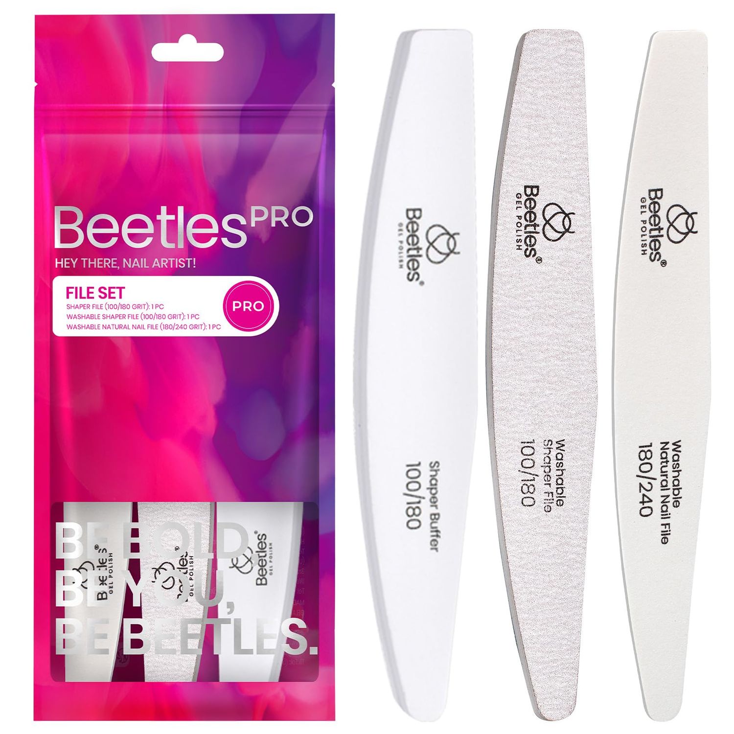 Beetles Nail File Nail Buffer, 3 Pcs Nail Files and Buffers for Acrylic and Natural Nails, 100/180/240 Grit Finger Nail Files &amp; Buffers for Gel Nails Polish Home Salon Manicure Gift for Women