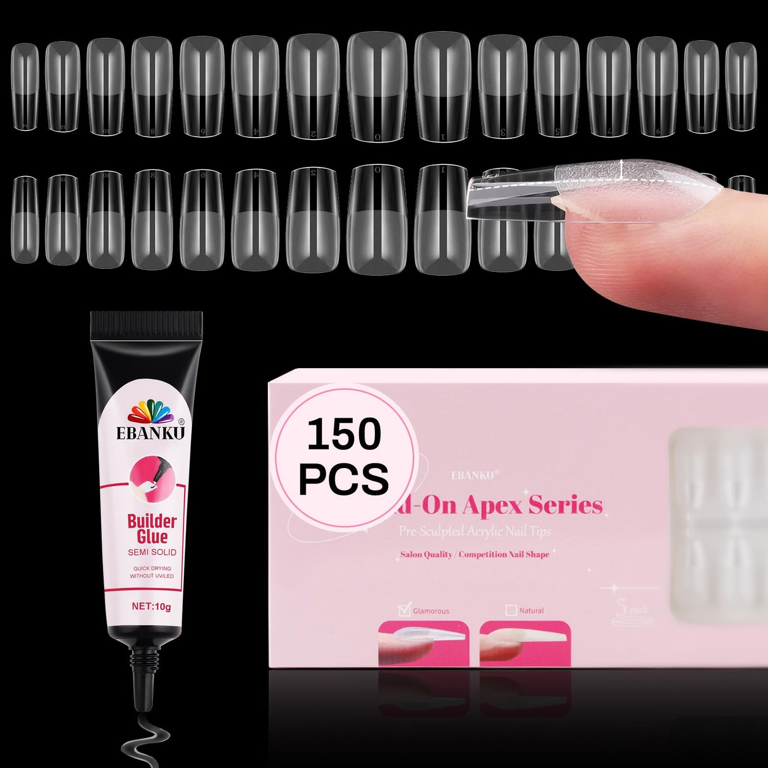 150 PCS Build on Apex Glamorous Nail Tips, EBANKU Pre-Building Clear Nail Tips Medium Square Acrylic Full Cover Nails with Builder Glue Thicker Press on Nails for Flat Nails