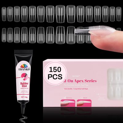 150 PCS Build on Apex Glamorous Nail Tips, EBANKU Pre-Building Clear Nail Tips Medium Square Acrylic Full Cover Nails with Builder Glue Thicker Press on Nails for Flat Nails