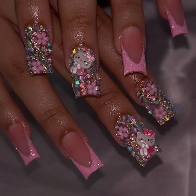 PDFADSK Pink Glitter French Tip Press on Nails Medium Square Fake Nails Glossy Rhinestones Full Cover Coffin False Nails with Rhinestones Charms Design Acrylic Nails for Women 24Pcs