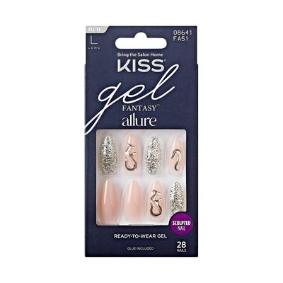 KISS Gel Fantasy 28 Pcs Press On Nails, Long Almond Fake Nails, Black Grey Snake Design Stick On Extensions, Reusable Full Cover Kit with Glue, Manicure Stick &amp; File, 7 Day Wear, Vegan &amp; Cruelty Free