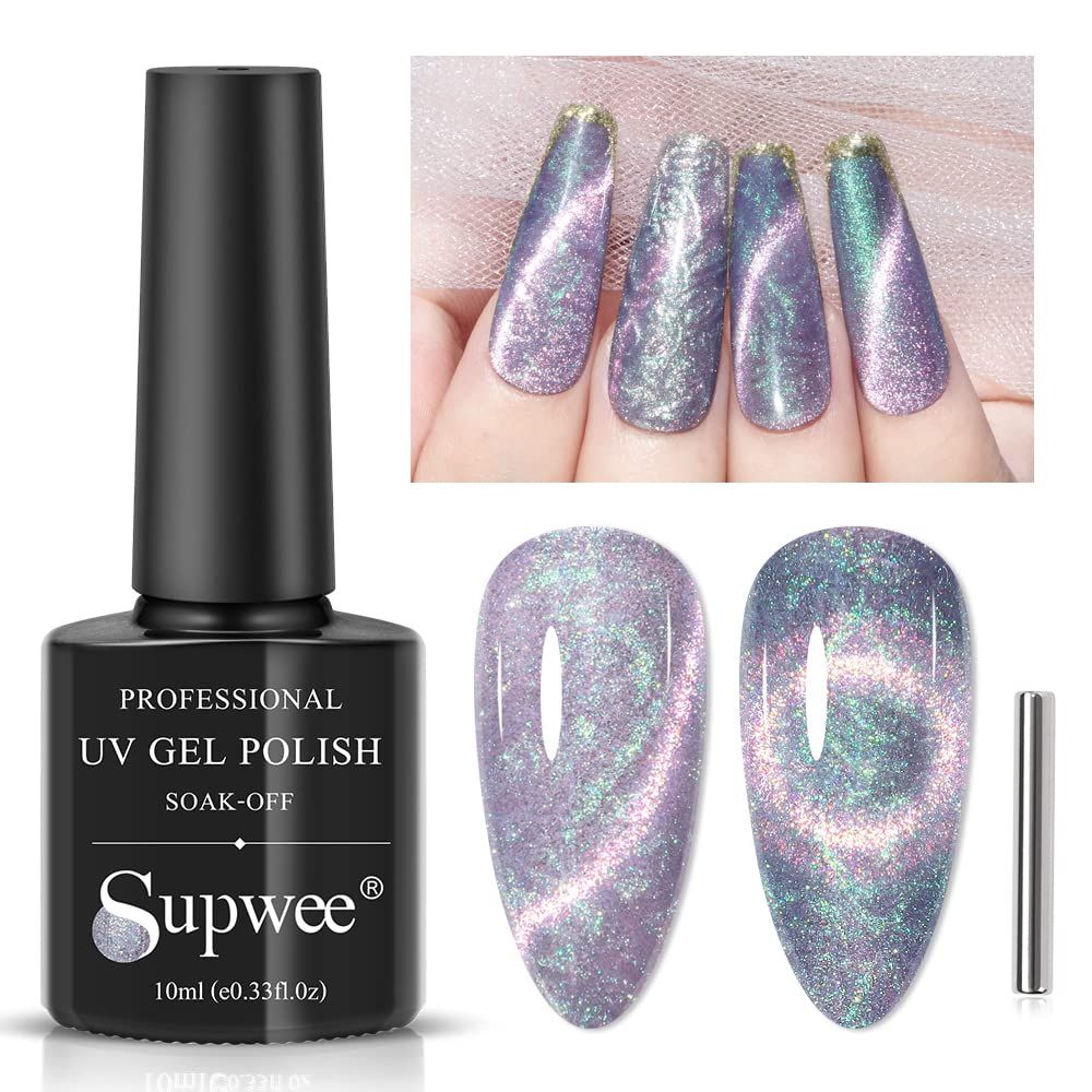 SUPWEE Pearl Gel Nail Polish, Glitter Magnetic Cat Eye Gel Polish Nail Shell Thread Cateye Effect, Holographic Shimmer Mermaid Nail Polish Soak Off UV Nail Art Varnish, With a Magnetic Stick