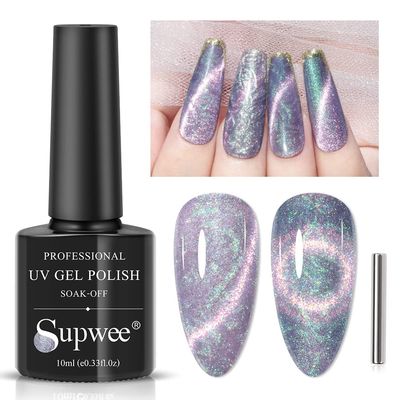 SUPWEE Pearl Gel Nail Polish, Glitter Magnetic Cat Eye Gel Polish Nail Shell Thread Cateye Effect, Holographic Shimmer Mermaid Nail Polish Soak Off UV Nail Art Varnish, With a Magnetic Stick
