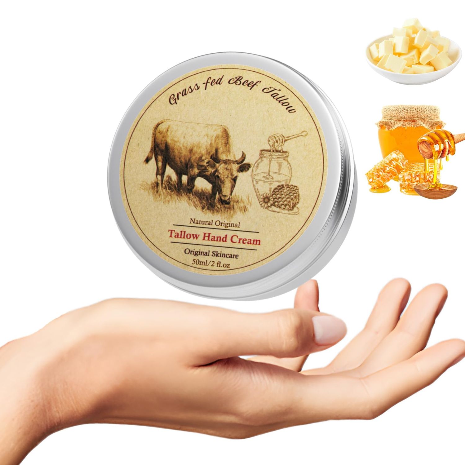 MROUVIK Beef Tallow for Skin, Tallow Hand Cream with Raw Honey, Beef Tallow Instant Relief Easily Absorbed Hand Cream for Very Dry Hands,Grass-Fed Tallow Raw Wild Honey, 2 oz