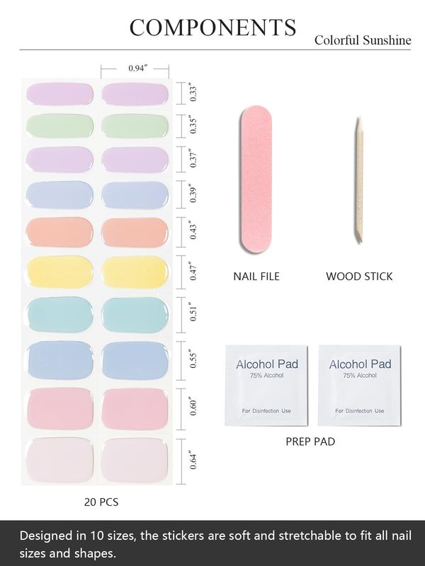AutyaMee Semi Cured Gel Nail Strips (Colorful Sunshine), Macaroon, 20 Pcs Gel Nail Wraps, Stickers, UV Light Required, Salon Quality, Long Lasting