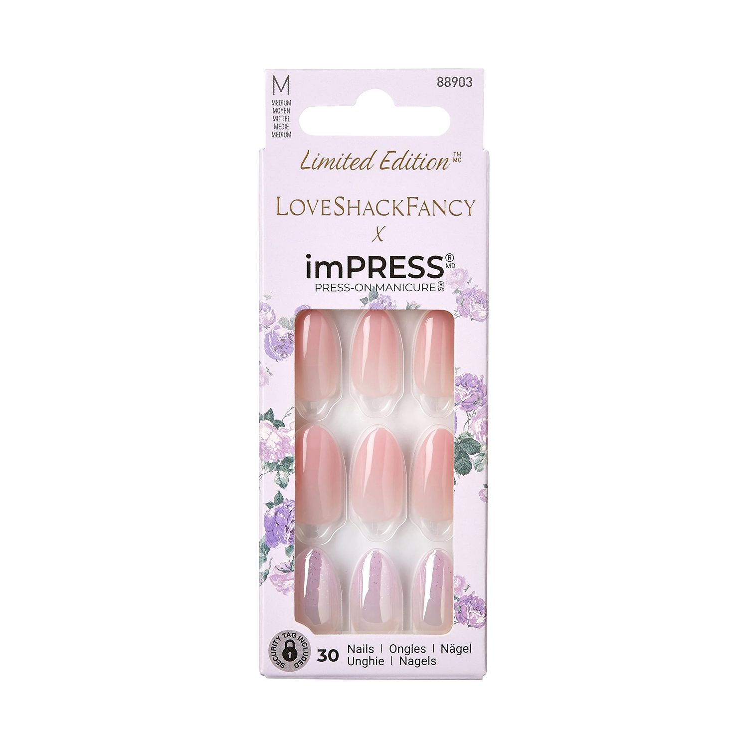 KISS LoveShackFancy x imPRESS Press-On Manicure Limited Edition, Style Blushing Lavender Medium Almond Pink Press-On Nails, Includes Prep Pad, Mini Nail File, Cuticle Stick, &amp; 30 Fake Nails