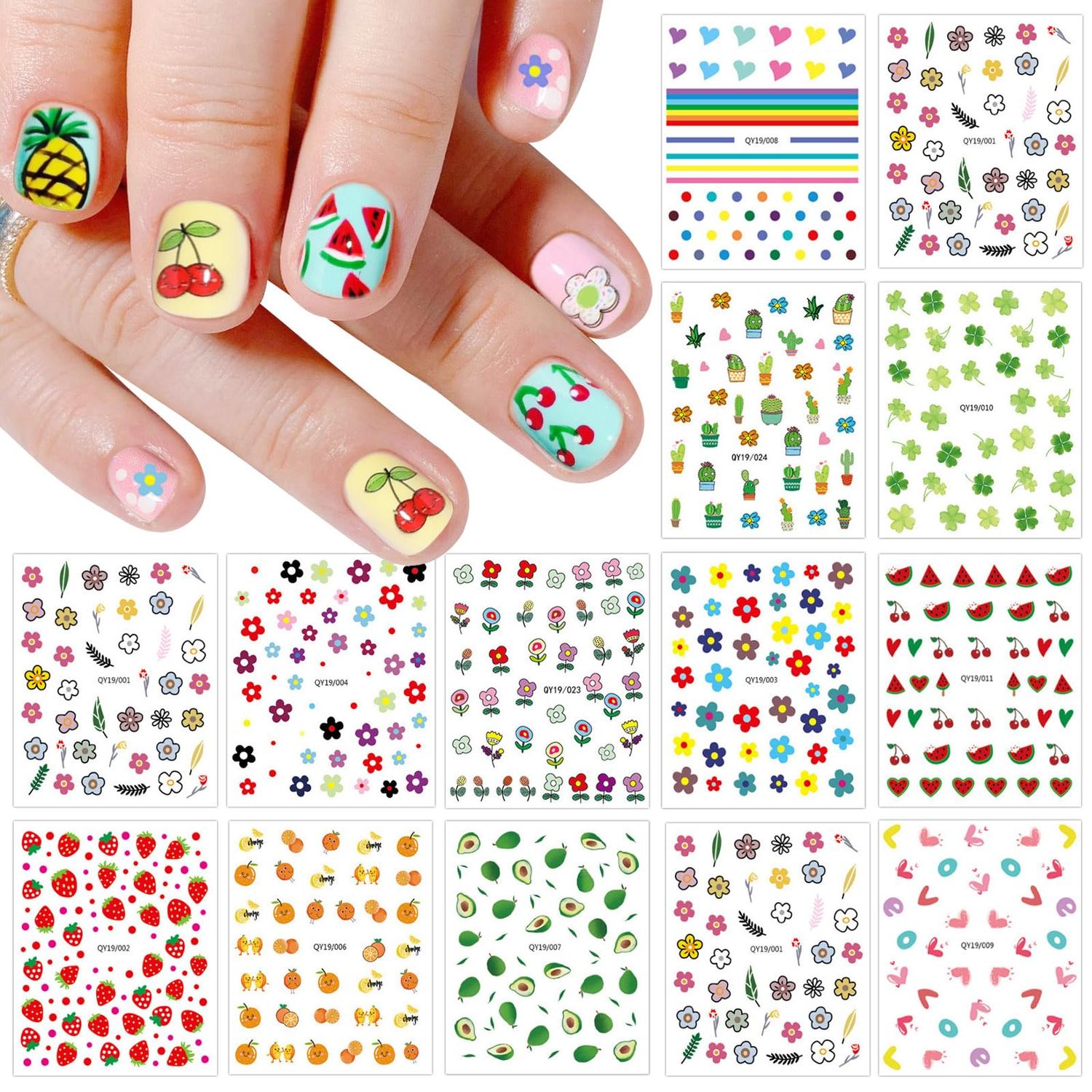 Little Girl Cute Nail Stickers, 20 Sheets Self-Adhesive Nail Decal Rainbow Flower Fruit Strawberry Nail Art Decoration Design Supplies for Kids