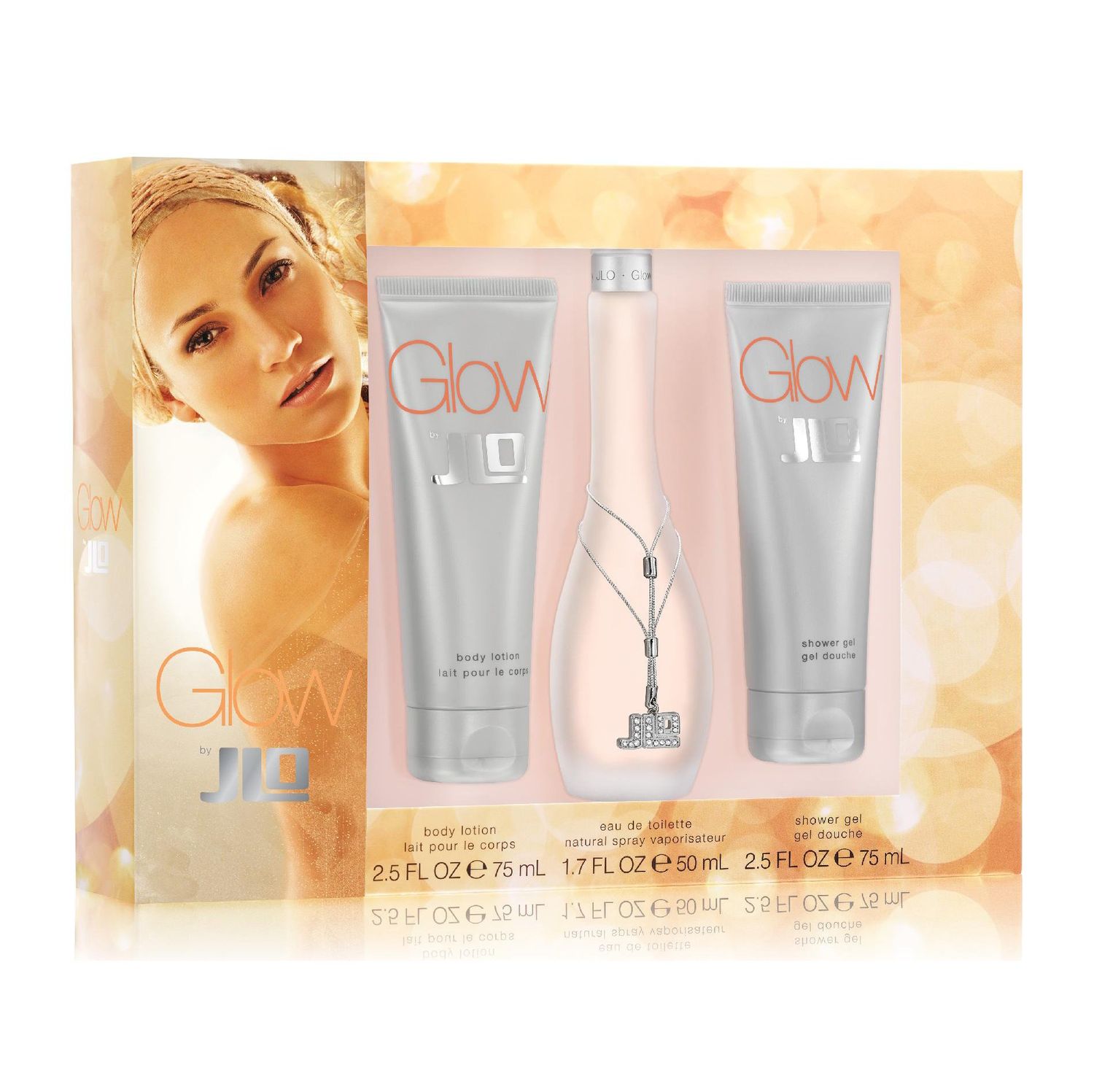 Glow by JLo Set- 2.5 Fl oz body lotion ,Glow 1.7oz eau de toilette natural spray vaporisateur, 2.5 Fl oz Shower Gel, Shower Douche