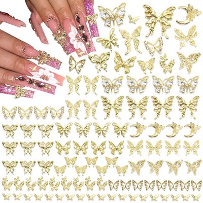RODAKY 120pc Butterfly Nail Charms - Gold 3D Butterflies with Rhinestone Mixed Size Y2K Nail Decoration for Womens Manicure Design DIY Craft Embellishment