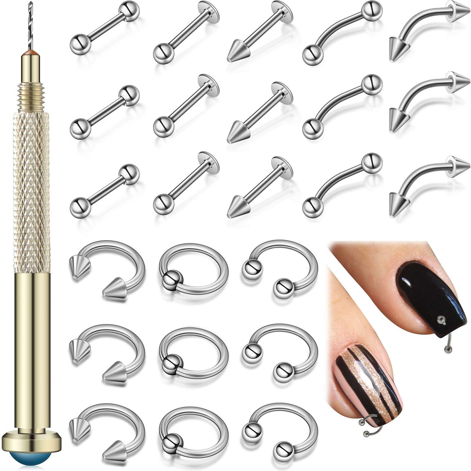 25 Pieces Nail Art Dangle Charms with Piercing Tool Hand Drill, Nail Jewelry Rings Charms Pierced Art Supplies for Tips, Acrylic, Gels Decorations(Silver)