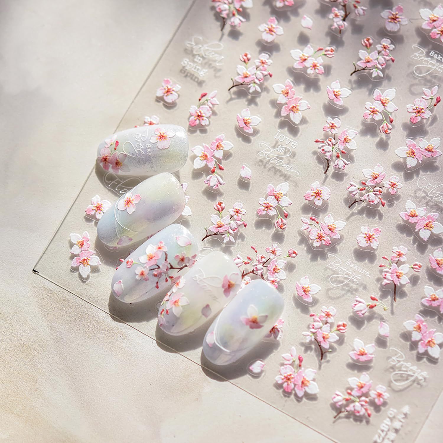 1 Sheets 5D Embossed Flower Nail Stickers for Nail Art Self Adhesive White Pink Floral Nail Decals Spring Summer Sakura Nail Art Stickers Flowers Nail Design Stickers Nail Supplies for Women Girl