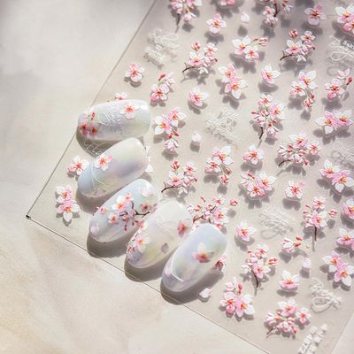 1 Sheets 5D Embossed Flower Nail Stickers for Nail Art Self Adhesive White Pink Floral Nail Decals Spring Summer Sakura Nail Art Stickers Flowers Nail Design Stickers Nail Supplies for Women Girl