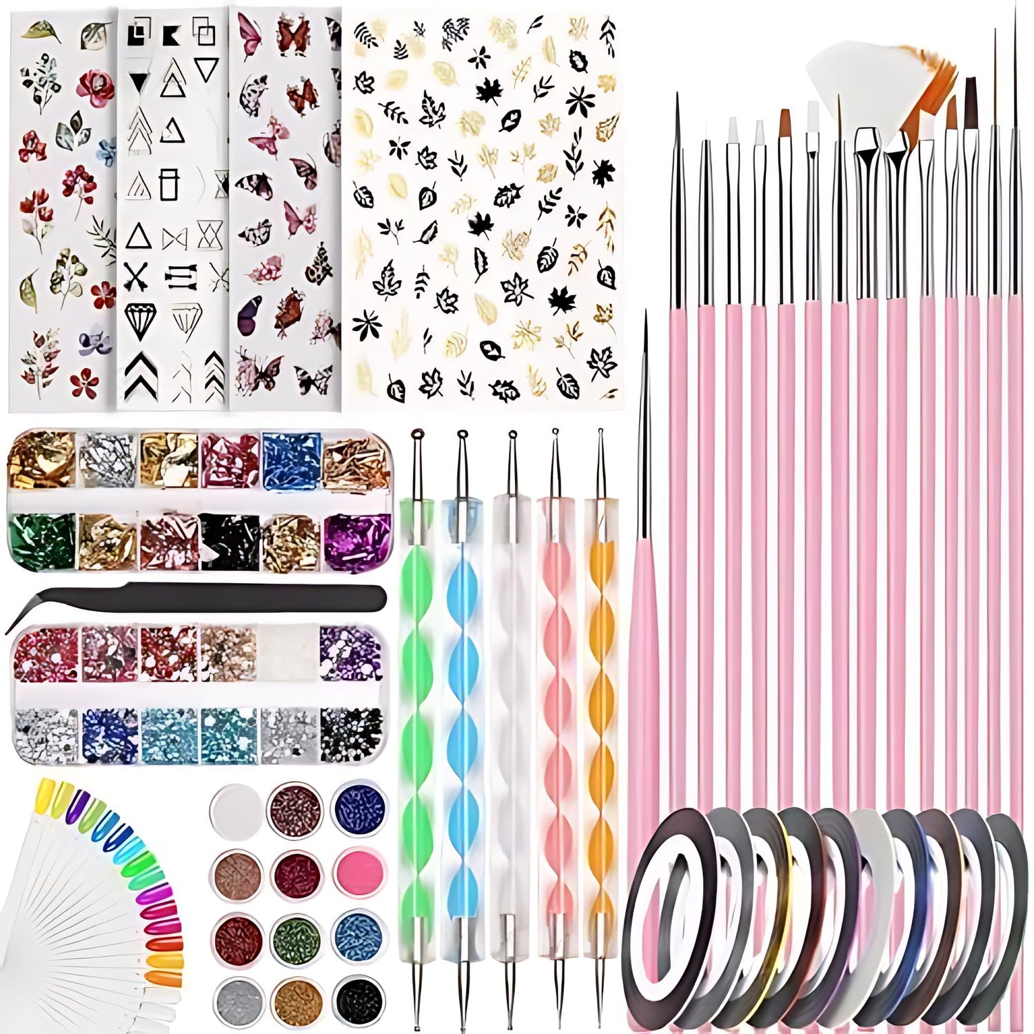 121 Pcs Professional Nail Art Kit - Acrylic Nail Brushes, Nail Foils, Rhinestones, Glitter Powder, Stickers, Dotting Pens, Nail Tips &amp; Tweezer for DIY Manicure and Salon-Quality Designs