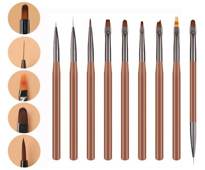 MIKOWEN 9PCS Nail Art Brushes Nail Art Tool Set Striping for Long Lines Nail Drawing Pen For Nail Design Brushes for Gel Polish Clean Up Brushes 3D Nail Art Decorations for DIY Manicure, Brown
