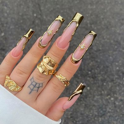 Press On Coffin Shaped Acrylic Glossy Full Cover Square French False Nails with Designs and Charms - Extra Long Fake Nails for Women (Z950)