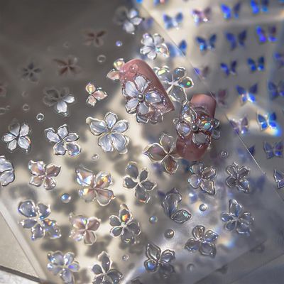 5D Embossed Flower Nail Stickers - Soft Glue Jelly Flower Stickers for Shiny Aurora Shell Nail Art Designs