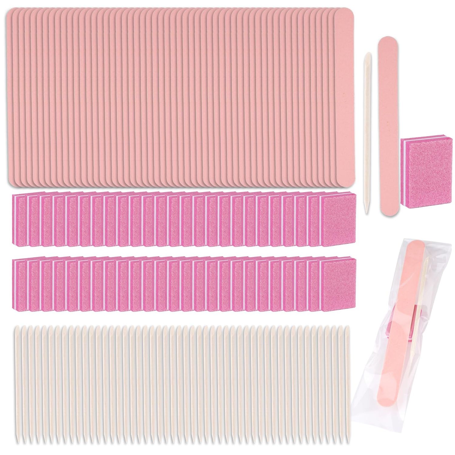 50 Set Disposable Manicure Kit, Including 50pcs Mini Nail Buffer, 50pcs Nail File, 50pcs Wood Stick, 50pcs OPP Bag, Press on Nail Tool Kit for Salon Home (Pink)