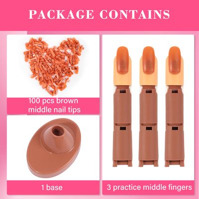 Adjustable Fake Mannequin Fingers - 3PCS Training Set With Acrylic Base and 100PCS Brown Nail Tips - Movable &amp; Flexible For Nail Art Practice