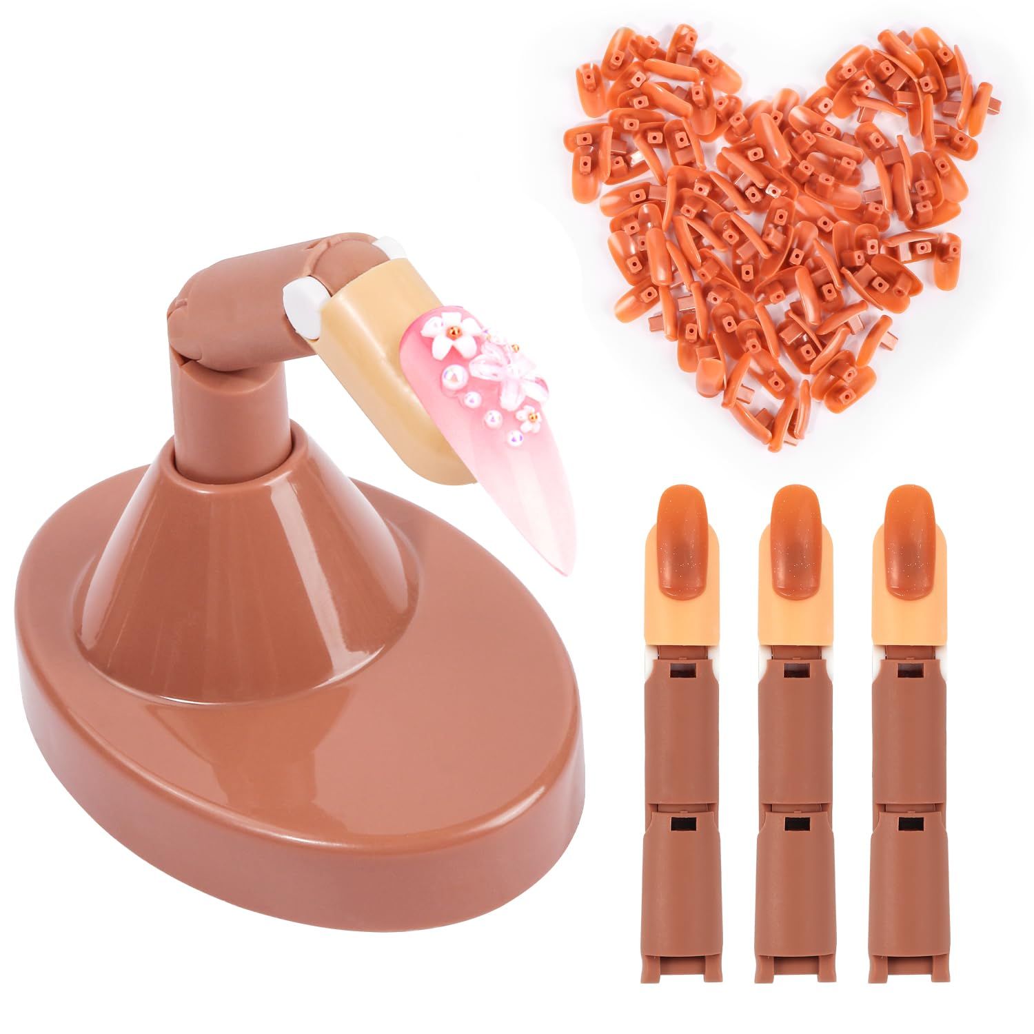 Adjustable Fake Mannequin Fingers - 3PCS Training Set With Acrylic Base and 100PCS Brown Nail Tips - Movable &amp; Flexible For Nail Art Practice