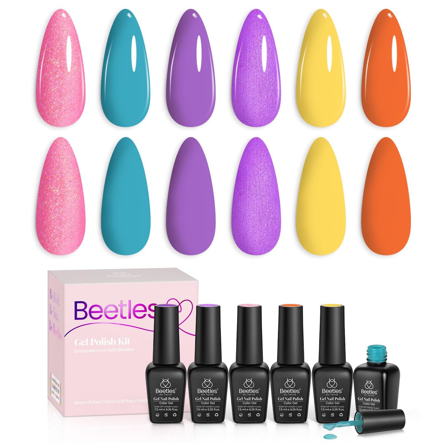 Beetles Gel Nail Polish Set, 6 Pcs Spring Summer Gel Nail Polish Shimmer Glitter Pink Purple Colors MidSummer Dream Orange Yellow Neon Gel Polish Soak Off Nail Lamp Uv Manicure Kit Gifts for Women