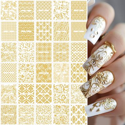 30 Sheets Gold Nail Art Stickers, Gold Lace Flower Nail Decals 3D Self Adhesive Cute Nails Supplies Decorations Spring Summer Design Fingernail Sticker DIY Manicure for Women