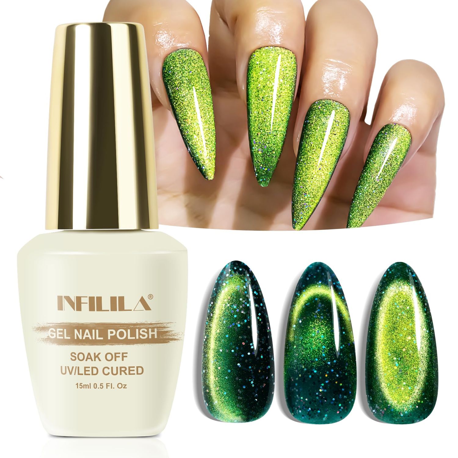 NXJ INFILILA Green Cat Eye Gel Nail Polish, 15ML Olive Green Cat Eye Glitter Magnetic Gel Polish Soak off UV LED Gels Salon Manicure Art DIY at Home(Galaxy Glow03)