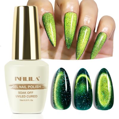 NXJ INFILILA Green Cat Eye Gel Nail Polish, 15ML Olive Green Cat Eye Glitter Magnetic Gel Polish Soak off UV LED Gels Salon Manicure Art DIY at Home(Galaxy Glow03)