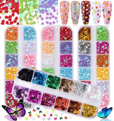 Kalolary 4boxes Butterfly Heart Shape Nail Art Glitter Sequins, Laser Holographic 3D Thin Star Heart Butterfly Plum Blossom Glitter for Valentines Day Nail Art Decoration Resin Mold DIY