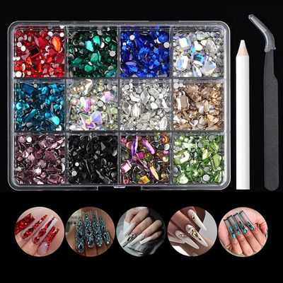Nail Diamonds Rhinestones Flatback 12 Color Mixed Nail Art Studs Gems with 1 Tweezer and Pen,Nail Art Charms, DIY for Phone Case, Cup, Hair Accessories.