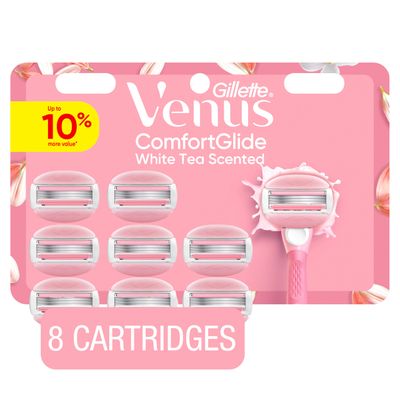 Venus ComfortGlide White Tea Womens Razor Blades, with Built-in Shave Gel Bars, 8 Razor Blade Refills