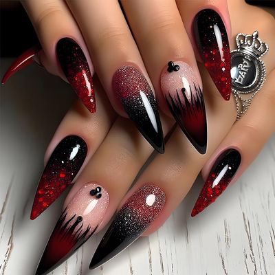 Long Stiletto Press on Nails Black Red Gradient Color Design Fake Nails with Diamond Glitter Glossy Full Cover Glue on Nails French Acrylic False Nail Tips Cute Stick on Nails for Women Nail Art