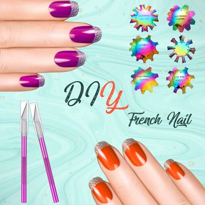 13 Pcs Acrylic Nail French Tip Tool, 6 French Tip Cutter Stainless Steel Smile Line Cutter Manicure Edge Trimmer DIY Plate Module with 2 Nail Cutting Knife and 5 Spare Blade(Colorful)