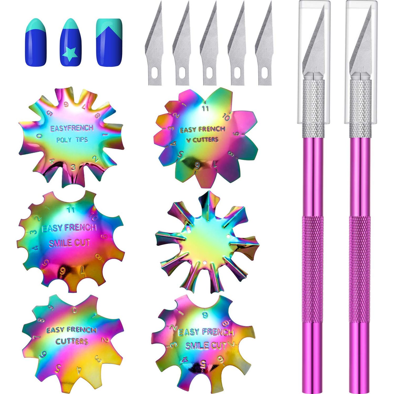 13 Pcs Acrylic Nail French Tip Tool, 6 French Tip Cutter Stainless Steel Smile Line Cutter Manicure Edge Trimmer DIY Plate Module with 2 Nail Cutting Knife and 5 Spare Blade(Colorful)