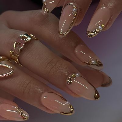 ROFIBUT Gold French Tip Press on Nails Medium Almond Fake Nails with Pearl Designs 3D Gold Edge False Nails Glossy Nude Glue on Nails Acrylic Nails Reusable Stick on Nails for Women Manicure 24Pcs