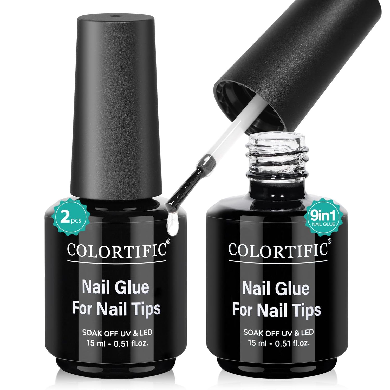 COLORTIFC 9 in 1 Nail Glue Base Coat Super Strong Brush in Gel Nail Glue 2 Pcs 15 ml for False Nails Tips, Rhinestone, Base Gel, Blooming Nail Art Gel Nail Kit for Acrylic Nails U V Lamp Needed