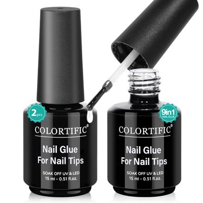 COLORTIFC 9 in 1 Nail Glue Base Coat Super Strong Brush in Gel Nail Glue 2 Pcs 15 ml for False Nails Tips, Rhinestone, Base Gel, Blooming Nail Art Gel Nail Kit for Acrylic Nails U V Lamp Needed