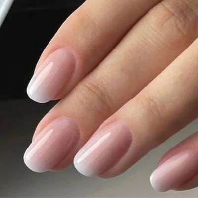GLAMERMAID Press on Nails Medium Oval, Ombre Nude Pink White Fake Nails, Acrylic Short Oval Acrylic Fake Nails Kits Reusable Full Cover Stick on Nails for Women Gifts