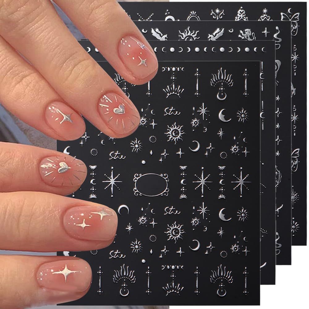 3D Silver Metallic Nail Stickers - Womens Star Moon Sun Nail Decals for Art Design, Butterfly &amp; Boho Decor - Self-Adhesive, DIY Nails, 8 Sheets