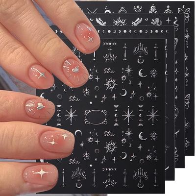 3D Silver Metallic Nail Stickers - Womens Star Moon Sun Nail Decals for Art Design, Butterfly &amp; Boho Decor - Self-Adhesive, DIY Nails, 8 Sheets