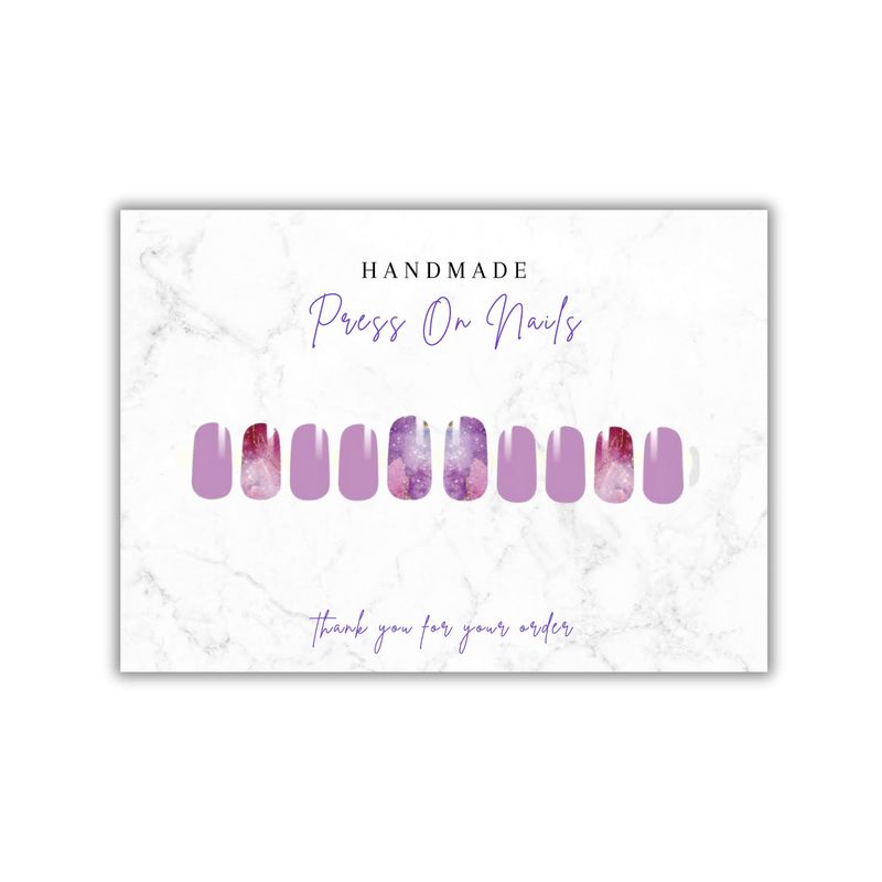 Handmade Acrylic Press On Nails Display Card | 5x7 30 pk | w/Application Aftercare Instructions Inserts Marble for Packaging in Your 6 9 Holographic Bags Use With Double Sided Tape