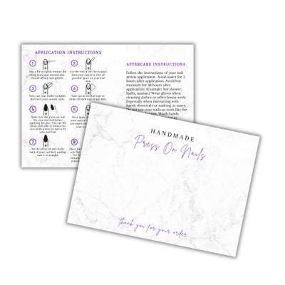 Handmade Acrylic Press On Nails Display Card | 5x7 30 pk | w/Application Aftercare Instructions Inserts Marble for Packaging in Your 6 9 Holographic Bags Use With Double Sided Tape