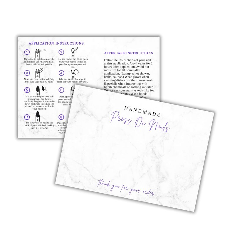 Handmade Acrylic Press On Nails Display Card | 5x7 30 pk | w/Application Aftercare Instructions Inserts Marble for Packaging in Your 6 9 Holographic Bags Use With Double Sided Tape