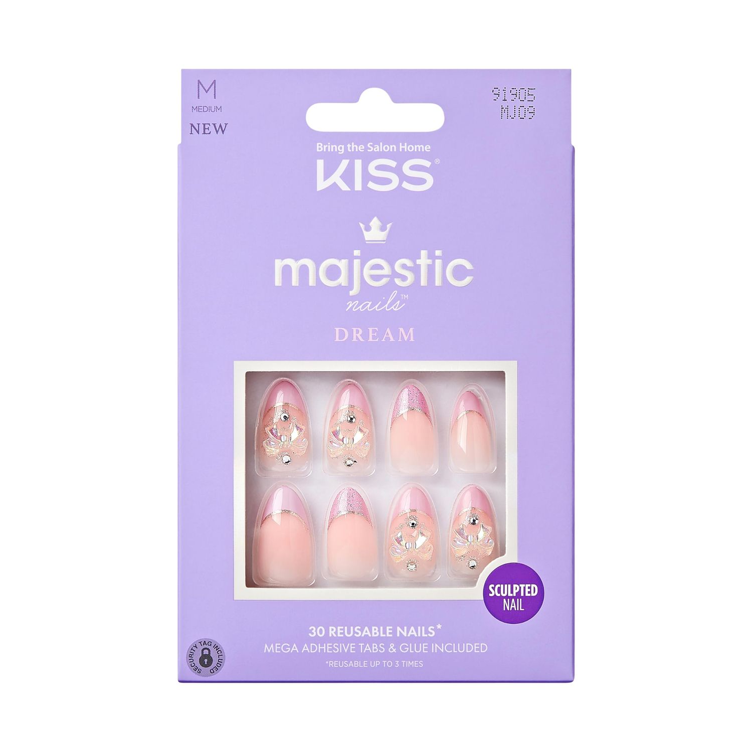 KISS Majestic, Press-On Nails, Nail Glue Included, Maestro, Light Pink, Medium Size, Almond Shape, 30 Nails, 2G Glue, 2 Manicure Stick, 1 Mini File, 2 Prep. Pad, 2 Adhesive Tabs, Instruction Sheet