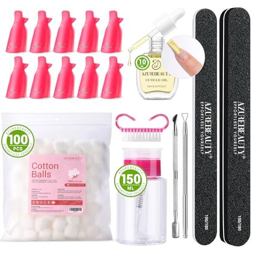 AZUREBEAUTY Nail Polish Gel Remover Tools Kit with 10 ml Cuticle Oil 10 PCS Nail Clips 150ml Remover Bottle Nail Remover Cotton Balls Cuticle Pusher Peeler Brush Nail File Buffer Comprehensive Tools