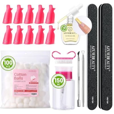 AZUREBEAUTY Nail Polish Gel Remover Tools Kit with 10 ml Cuticle Oil 10 PCS Nail Clips 150ml Remover Bottle Nail Remover Cotton Balls Cuticle Pusher Peeler Brush Nail File Buffer Comprehensive Tools