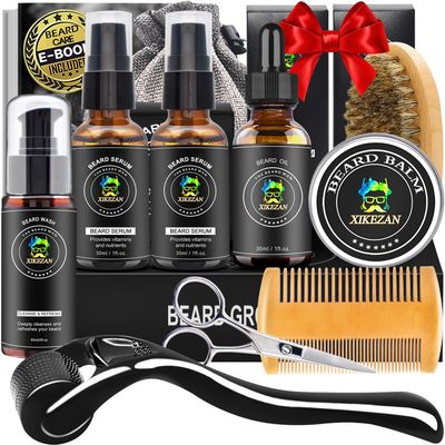 XIKEZAN Beard Kit for Men Grooming &amp; Care Set w/2 Pack Beard Serum, Wash, Oil, Balm, Comb, Brush, Scissor, Bag, EBook, Unique Birthday Gifts for Men Him Dad Husband Brother Christmas Stocking Stuffers