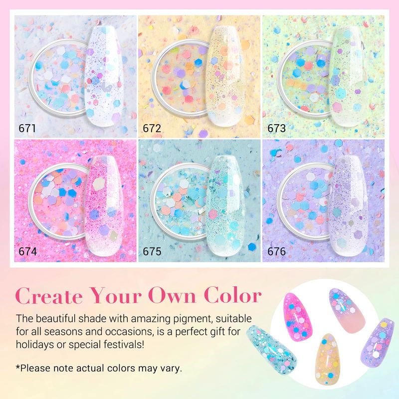 AZUREBEAUTY Dip Powder Nail Set, 6 Colors Pink Purple Green Glitter Cheese Colors Natural Dipping Powder Starter Spring Kit, French Nail Art Manicure DIY Salon, No Need Nail Lamp Cured