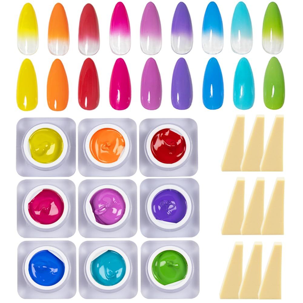 MOEPAK 9 Colors Pat Painting Gel Nail Polish Set - Ombre Gel Nail Polish for Aura Nail Art No Wipe Gel Paint DIY Gel Ombre Manicure Kit with Sponges